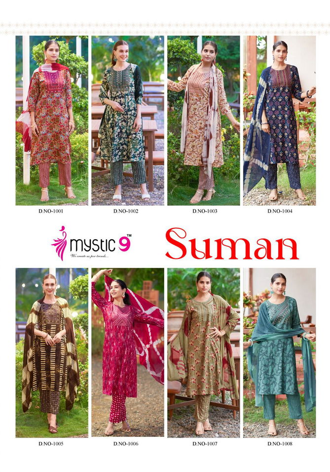 Suman Vol 1 By Mystic 9 Rayon Printed Kurti With Bottom Dupatta Wholesale Market In Surat
